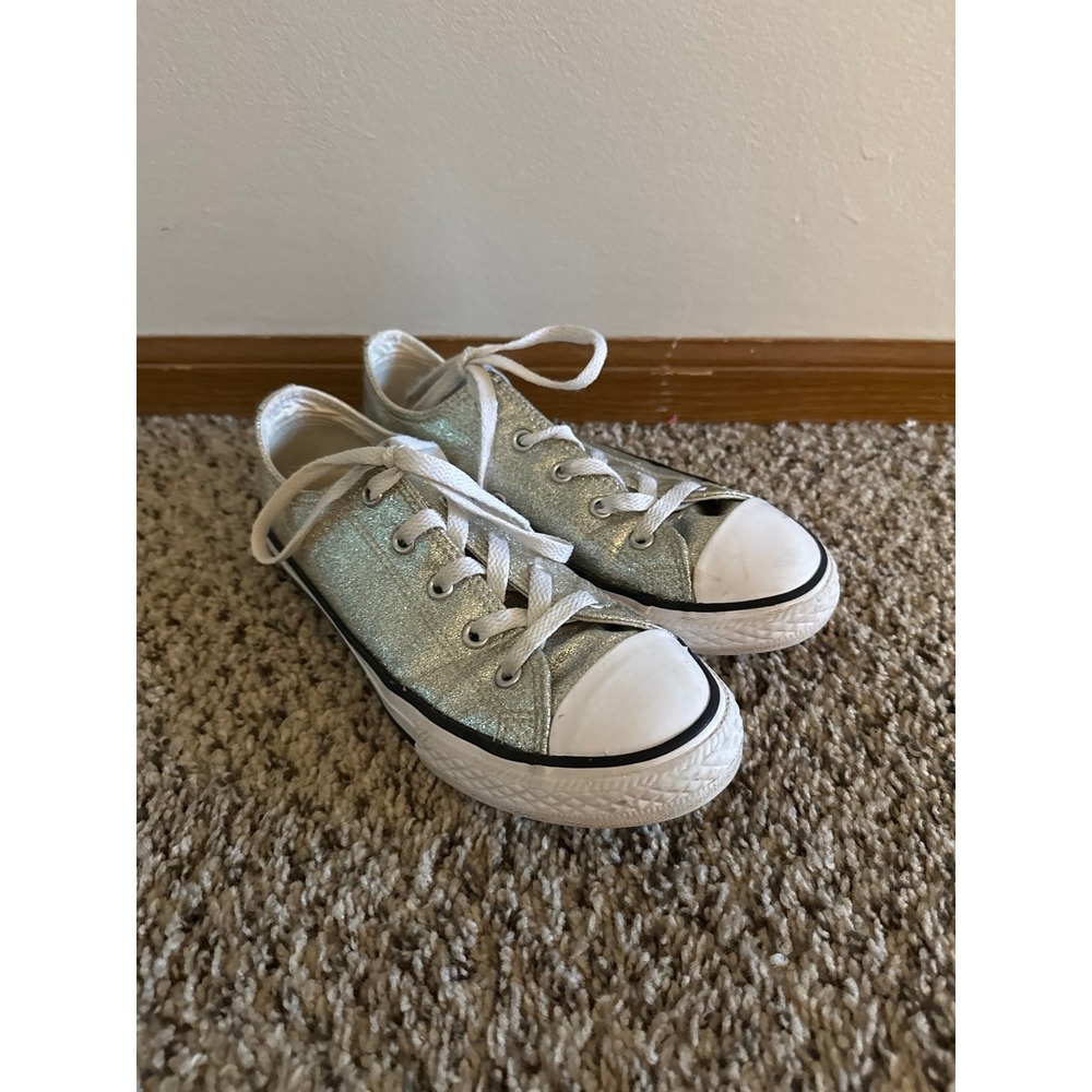 Converse All-Star Junior Chuck Taylor Silver Glitter Low Sneakers #641727C Sz 3